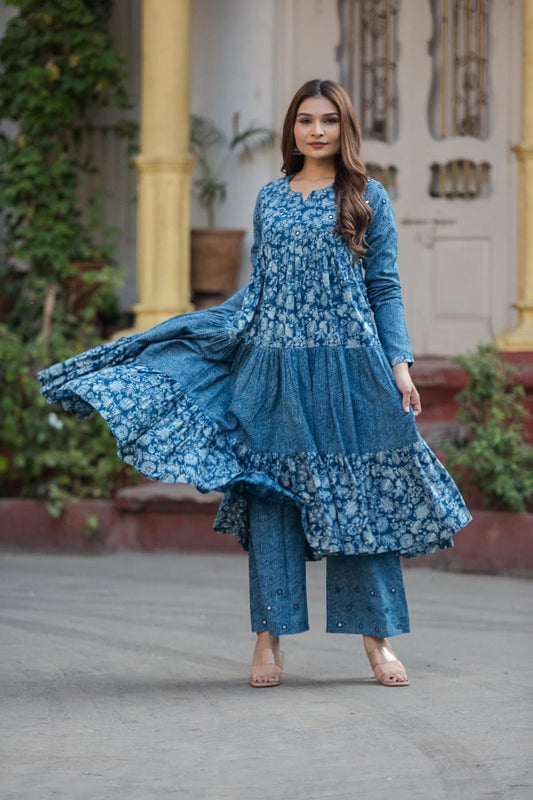 OG Indigo dyed Tiered Pattern Kurta Palazzo with Real Mirror Work