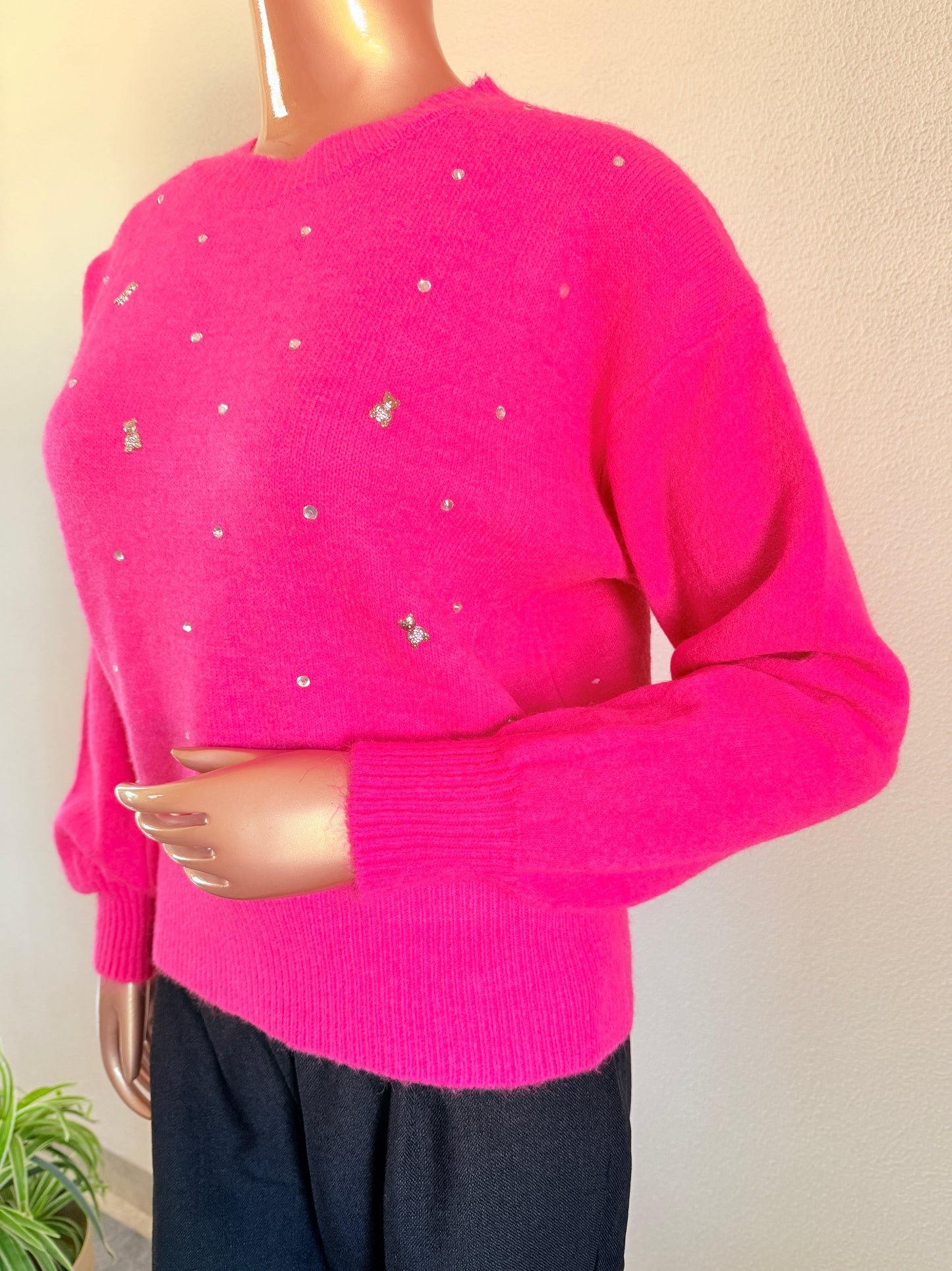 Woollen Top with Diamond and Teddy Bear Studs -Hot Pink