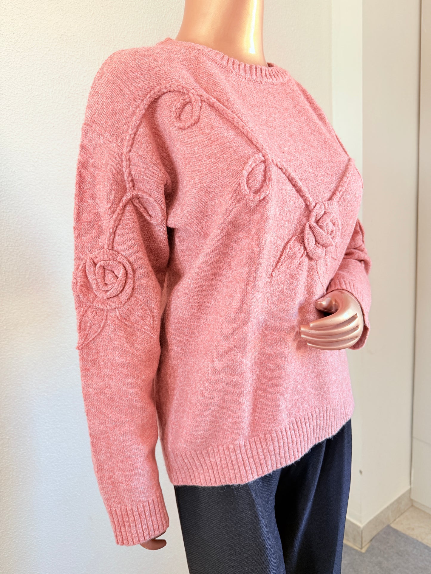 Woollen Top with Rose Detail - Pink
