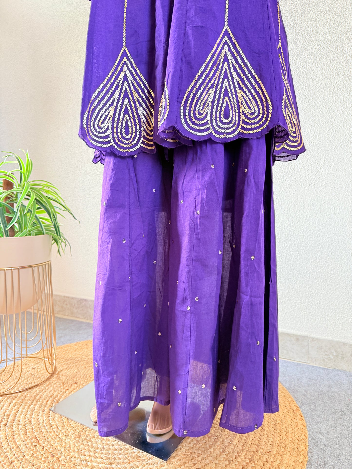 Sequin Work Short Anarkali Suit Set- Purple