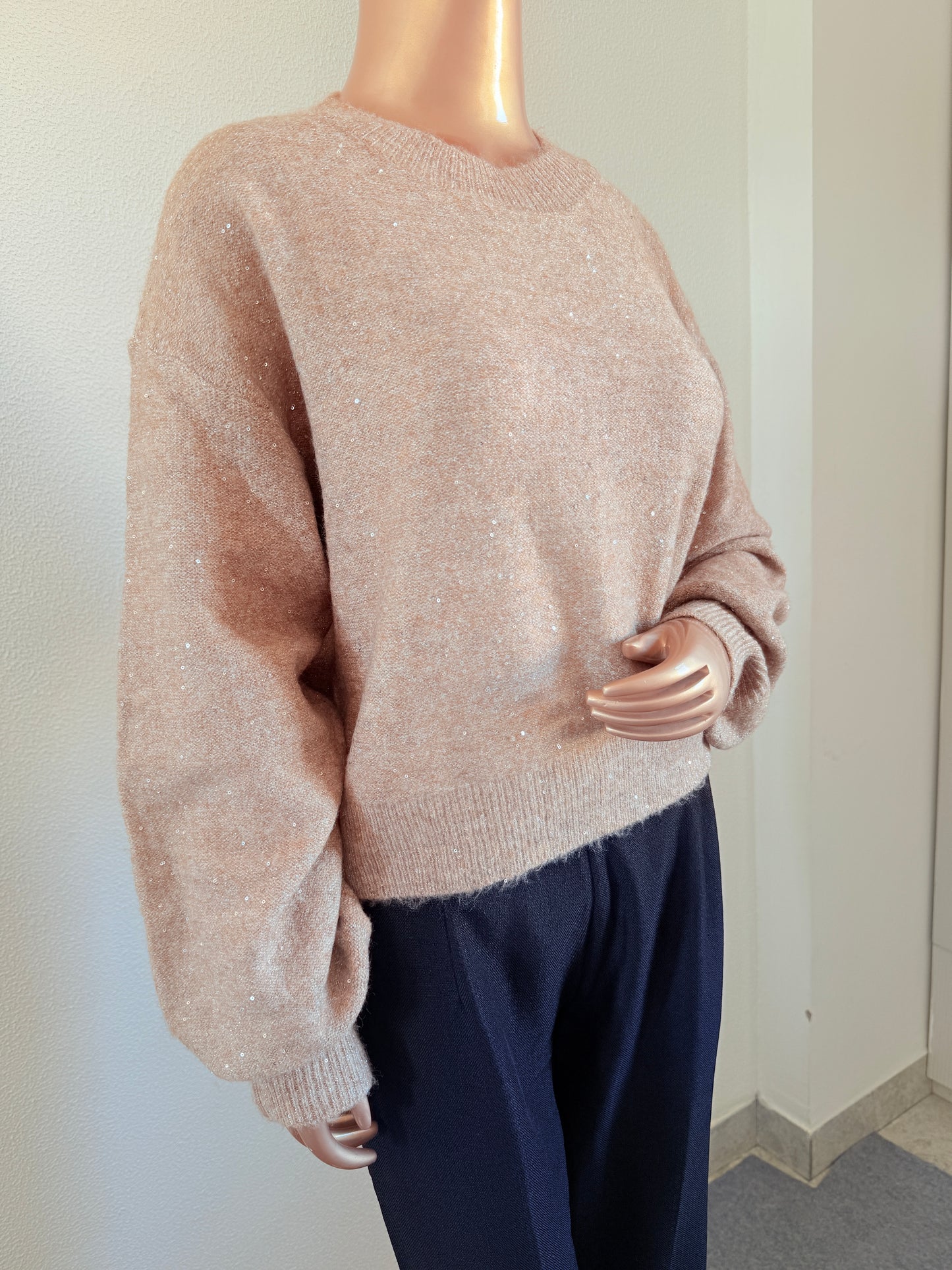 Knitted Woollen Top with Shimmer & Sequin Detail - Beige