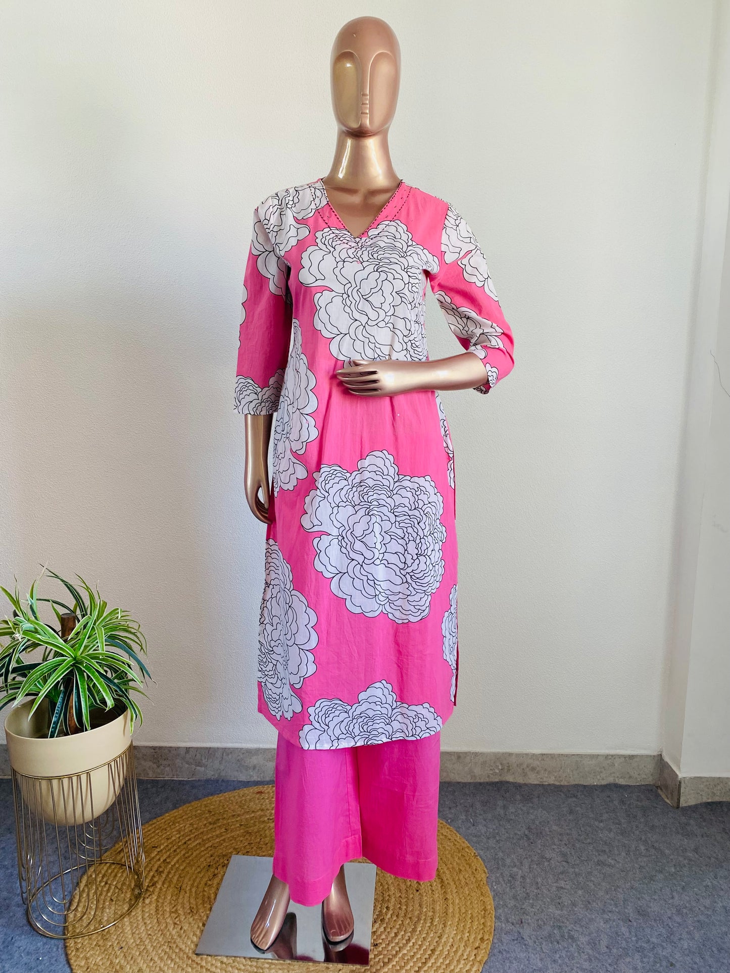 Floral Print V Neck Cotton Suit Set