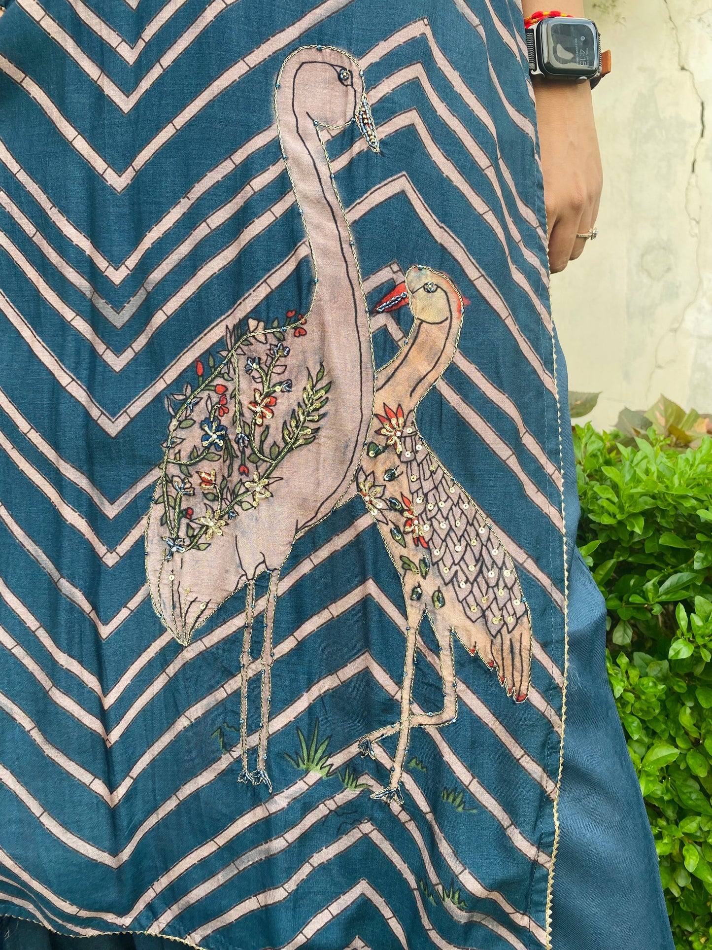 Bird Print Muslin Suit with Organza Dupatta