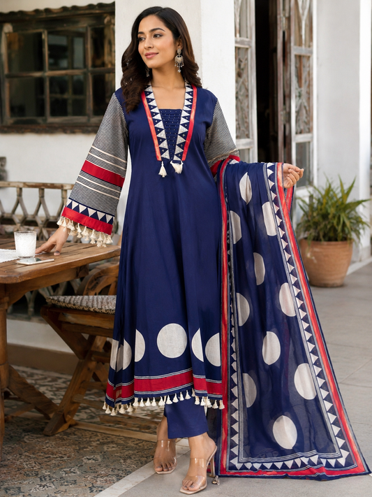 A-Line Cotton Printed Suit Set(with Rakhi) - Blue