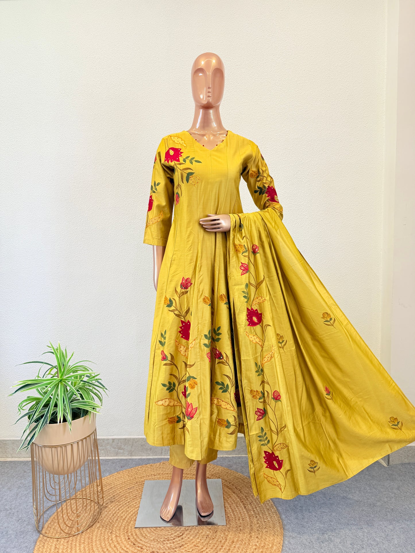 Russian Silk Applique and Hand Painted Anarkali Suit