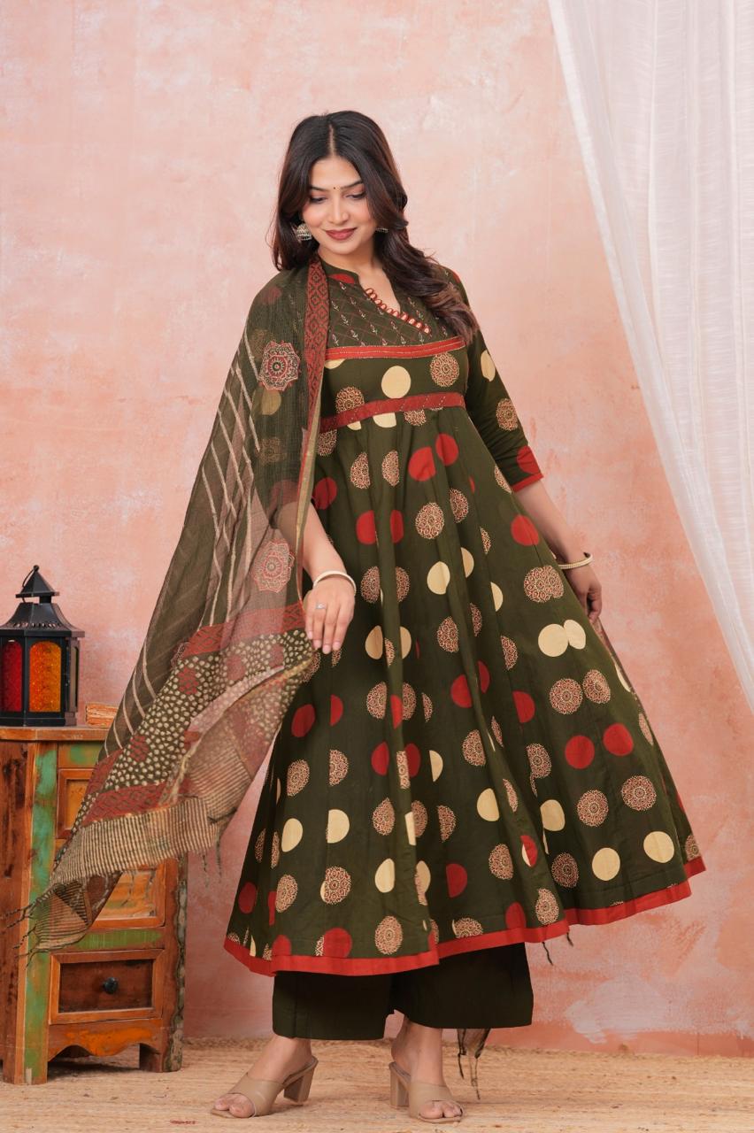 Printed Cotton Frock Suit with Kota Doria Dupatta
