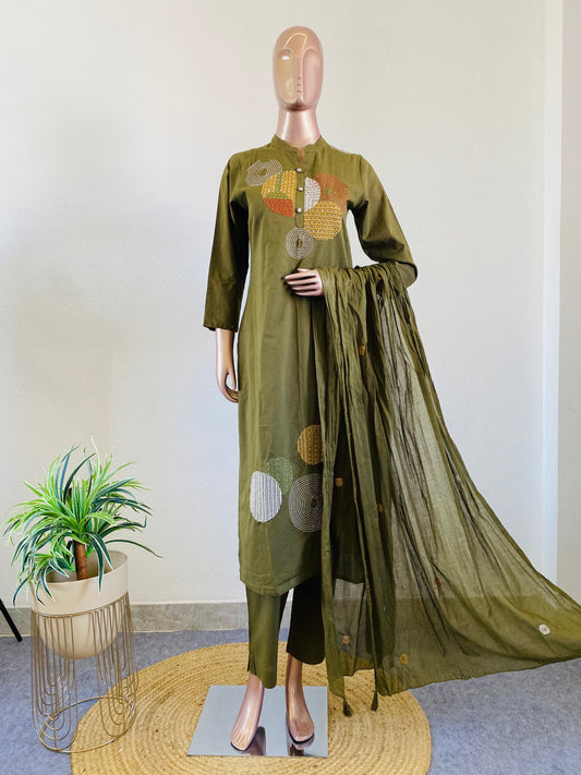 Circular embroidered Cotton Kurta Pant Set- Green