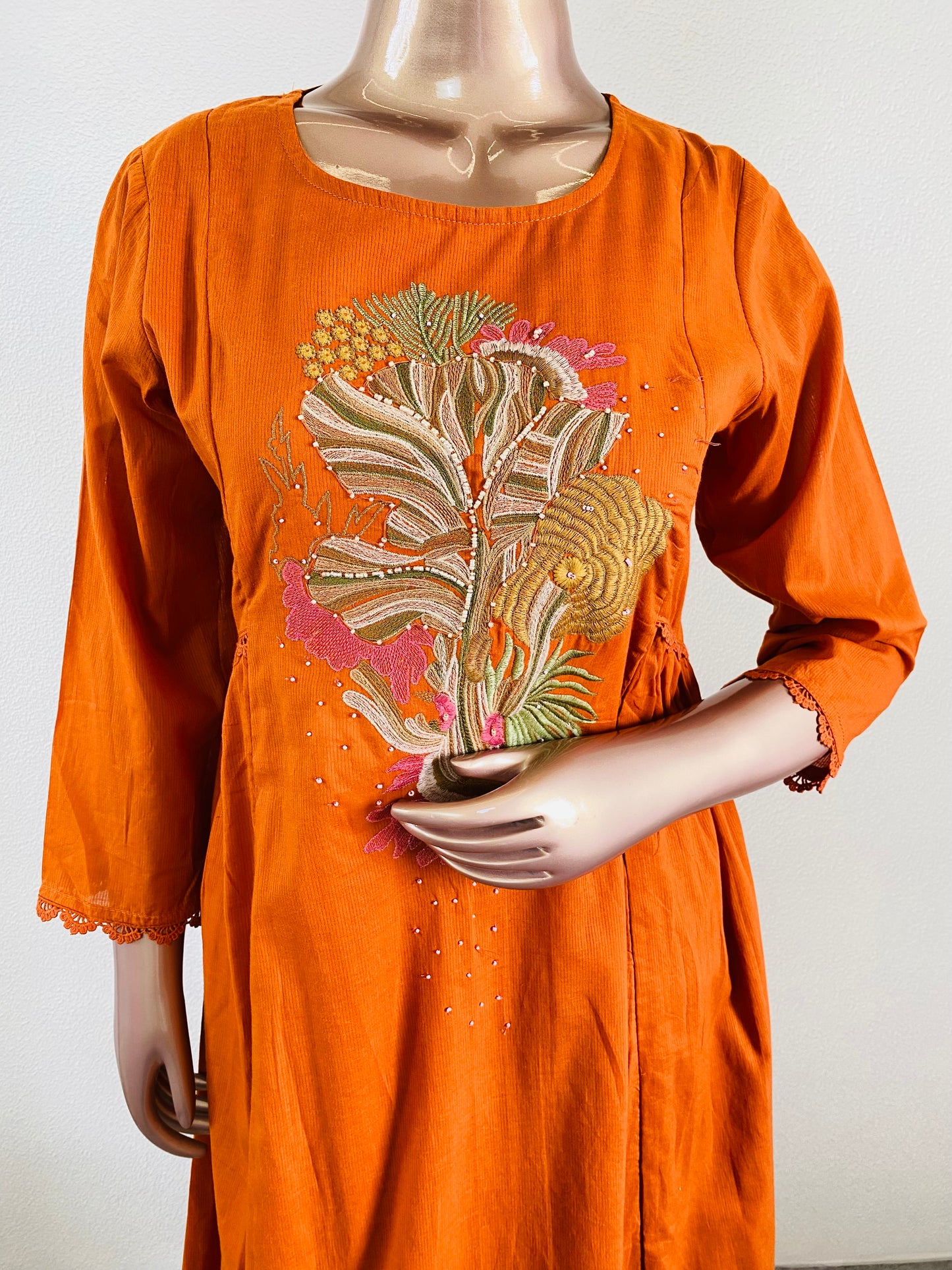 Embroidered Silly Cotton A-line Suit Set - Rust