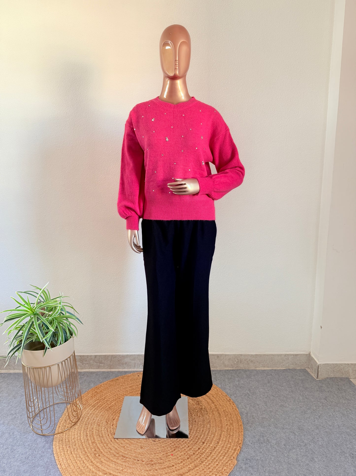 Woollen Top with Diamond and Teddy Bear Studs -Hot Pink