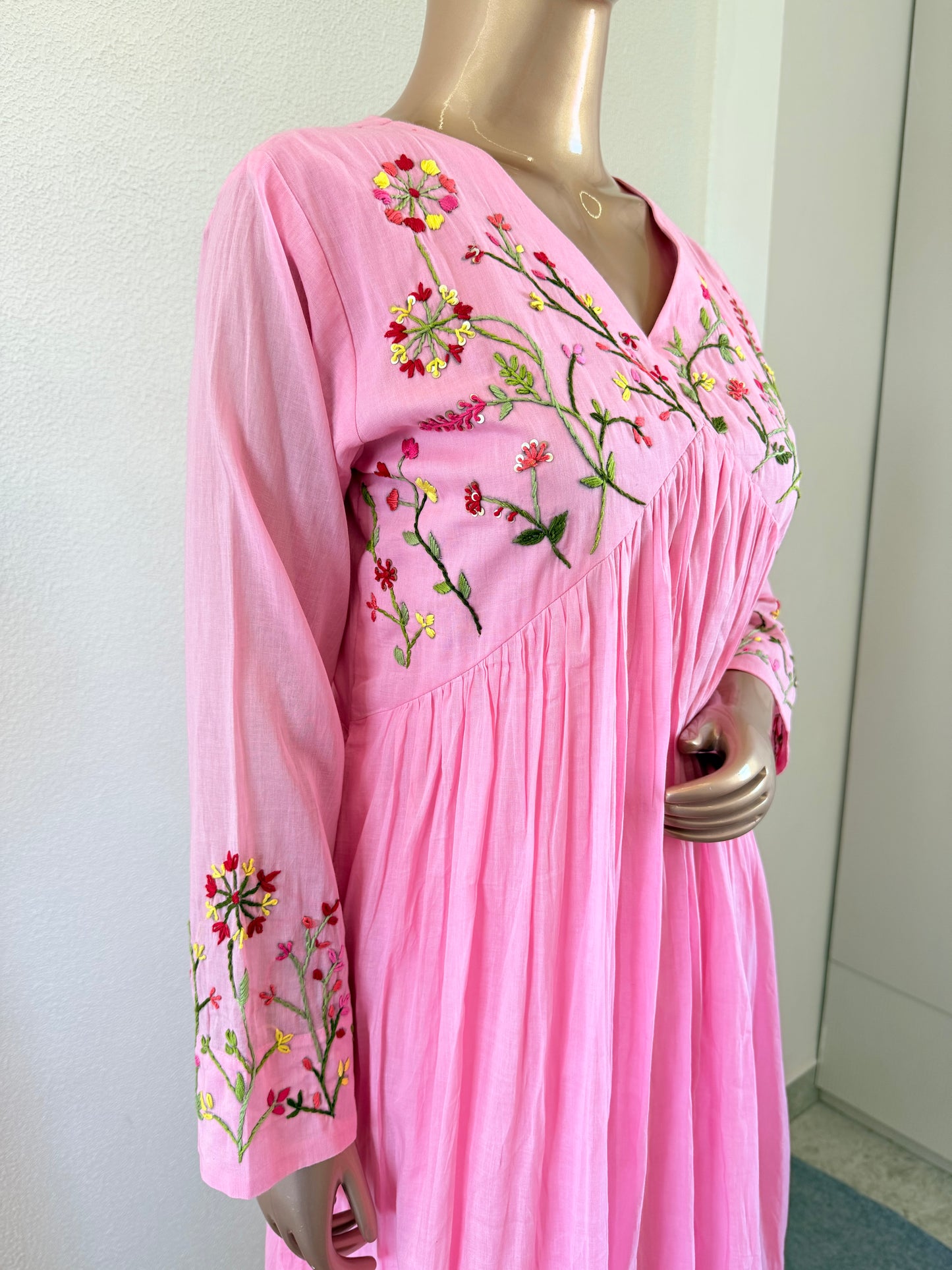 Malai Cotton Frock Suit Set with Hand Embroidery - Pink