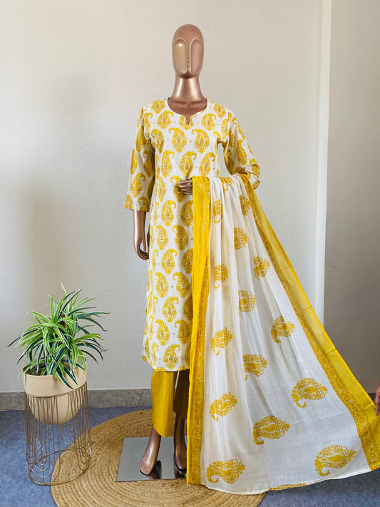 Block Print Suit Set with Kota Doria Dupatta