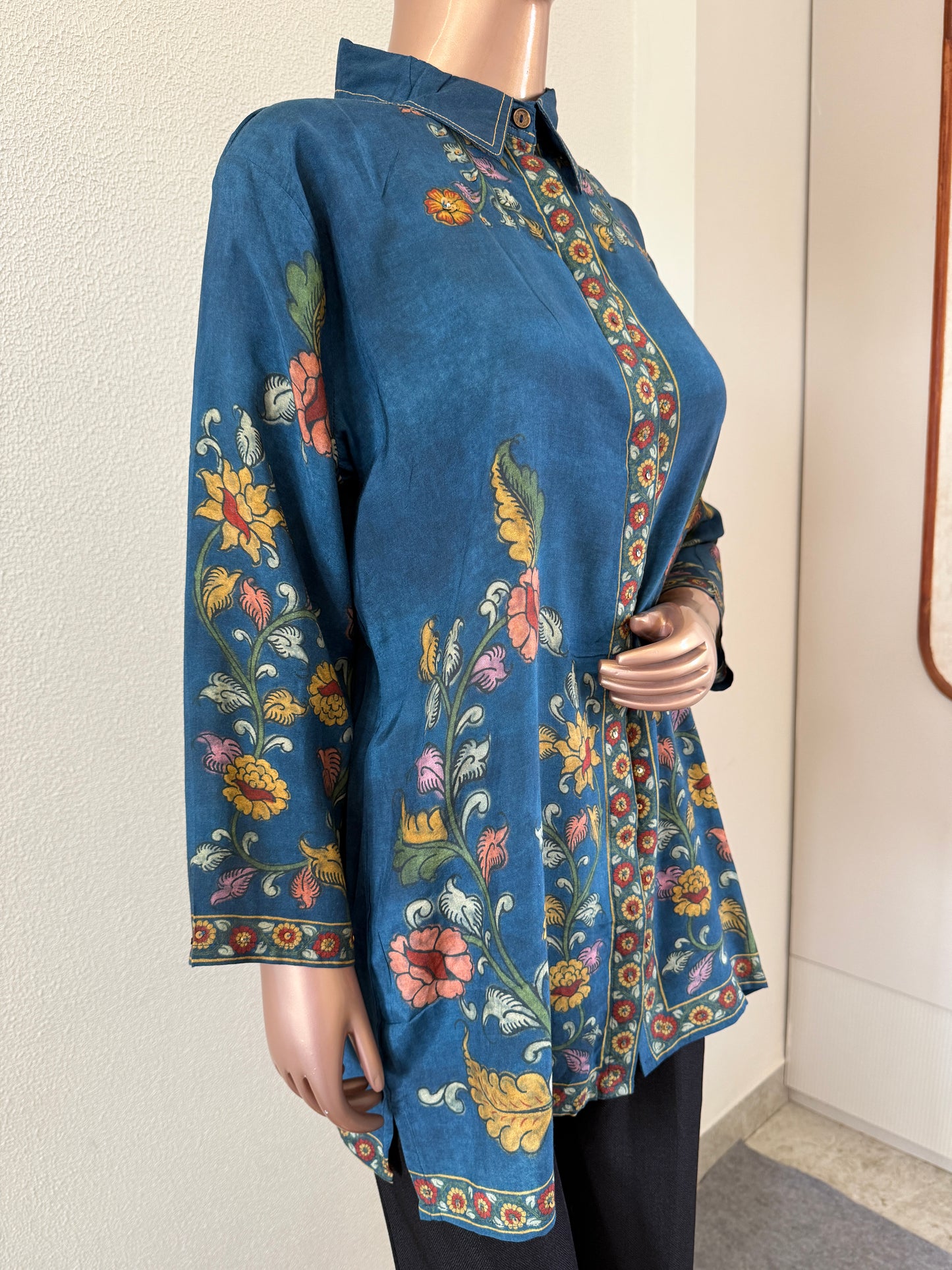 Kalamkari Print Muslin Shirt- Blue