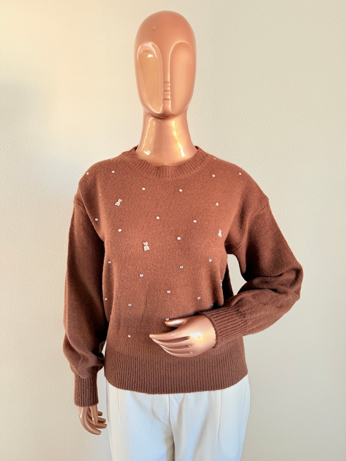 Woollen Top with Diamond and Teddy Bear Studs - Brown