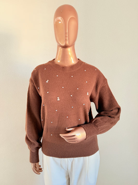 Woollen Top with Diamond and Teddy Bear Studs - Brown