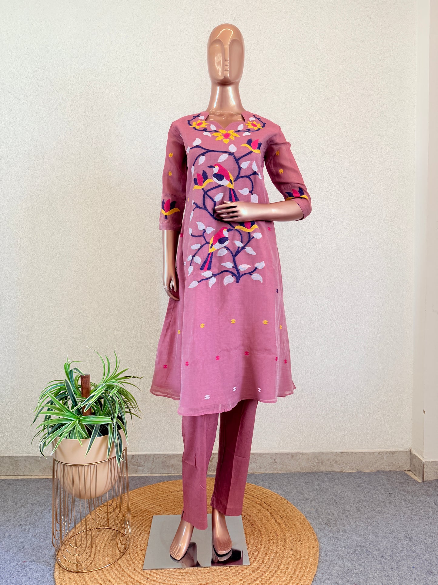 Jamdani A Line Suit Set with Scalloped Neckline- Pink
