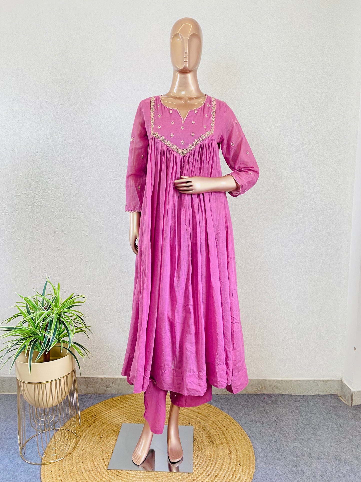 Embroidered Yoke Mul Cotton Frock Suit Set