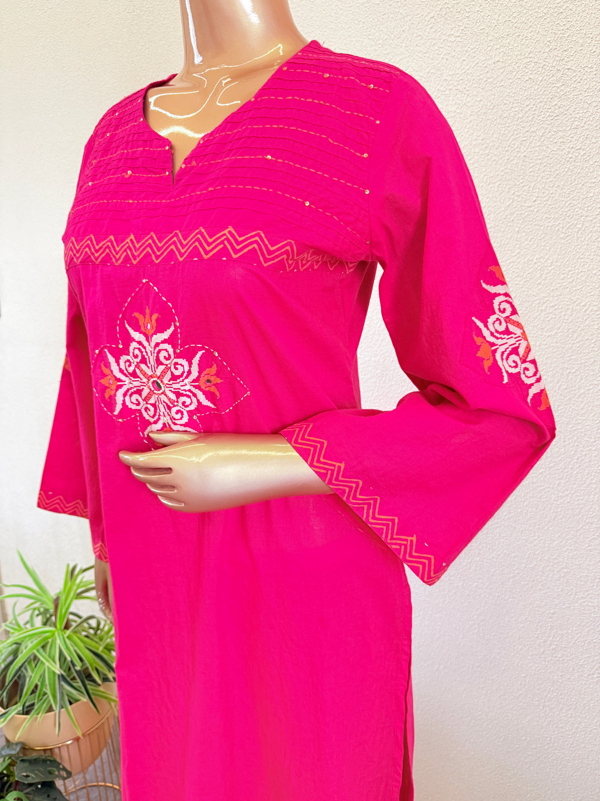 Rani Pink Cotton Flex Straight Suit Set with Pintuck & Mirror Accents