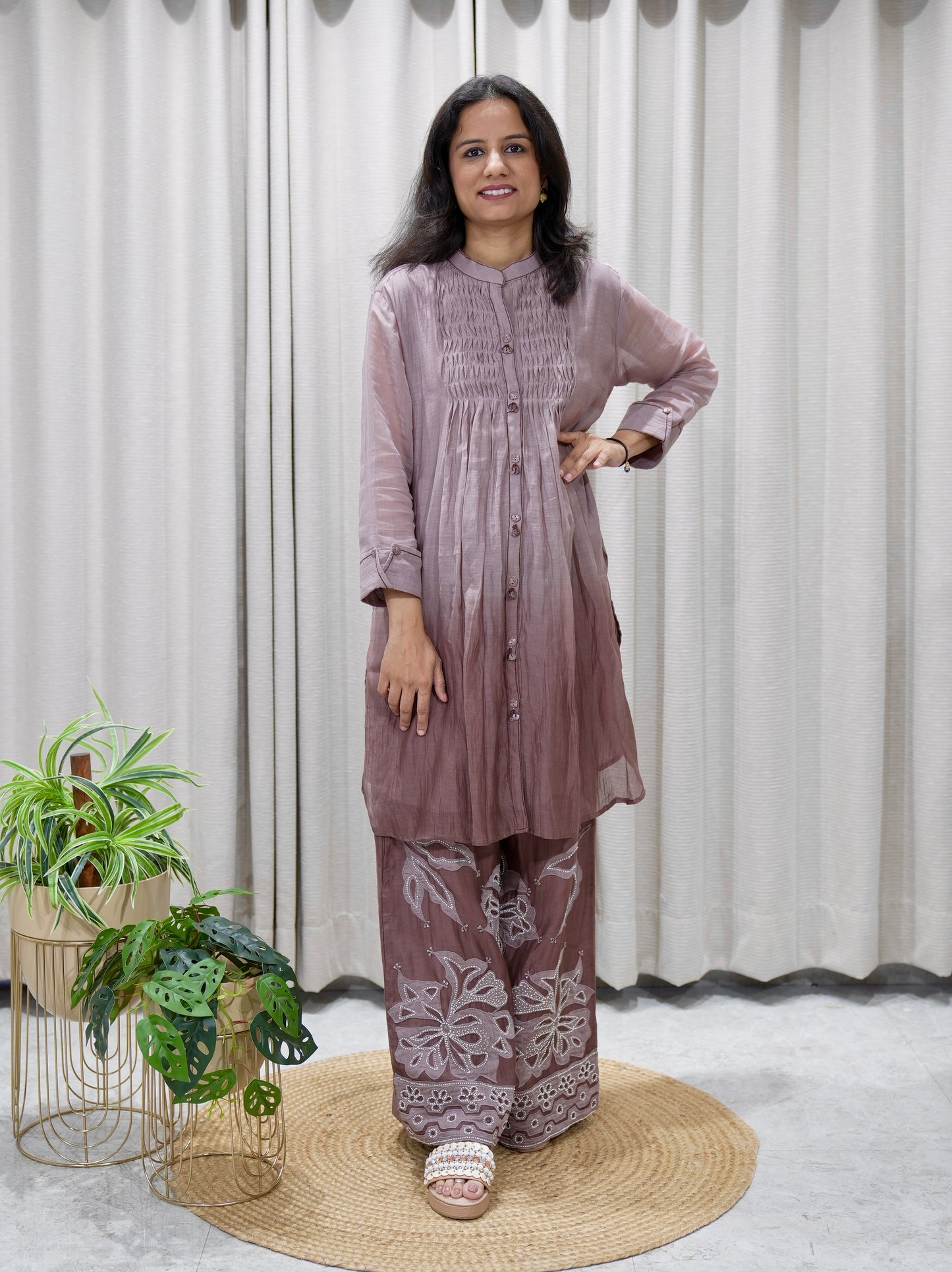 Smocked Yoke Ombre Co-ord Set with Cutwork Embroidered Trousers