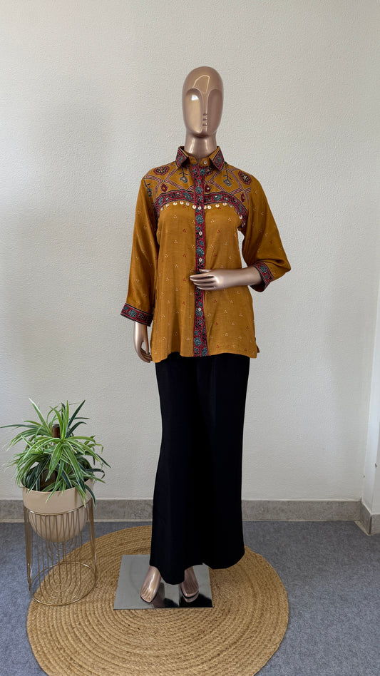 Digital Ajrakh Print Muslin Shirt- Mustard