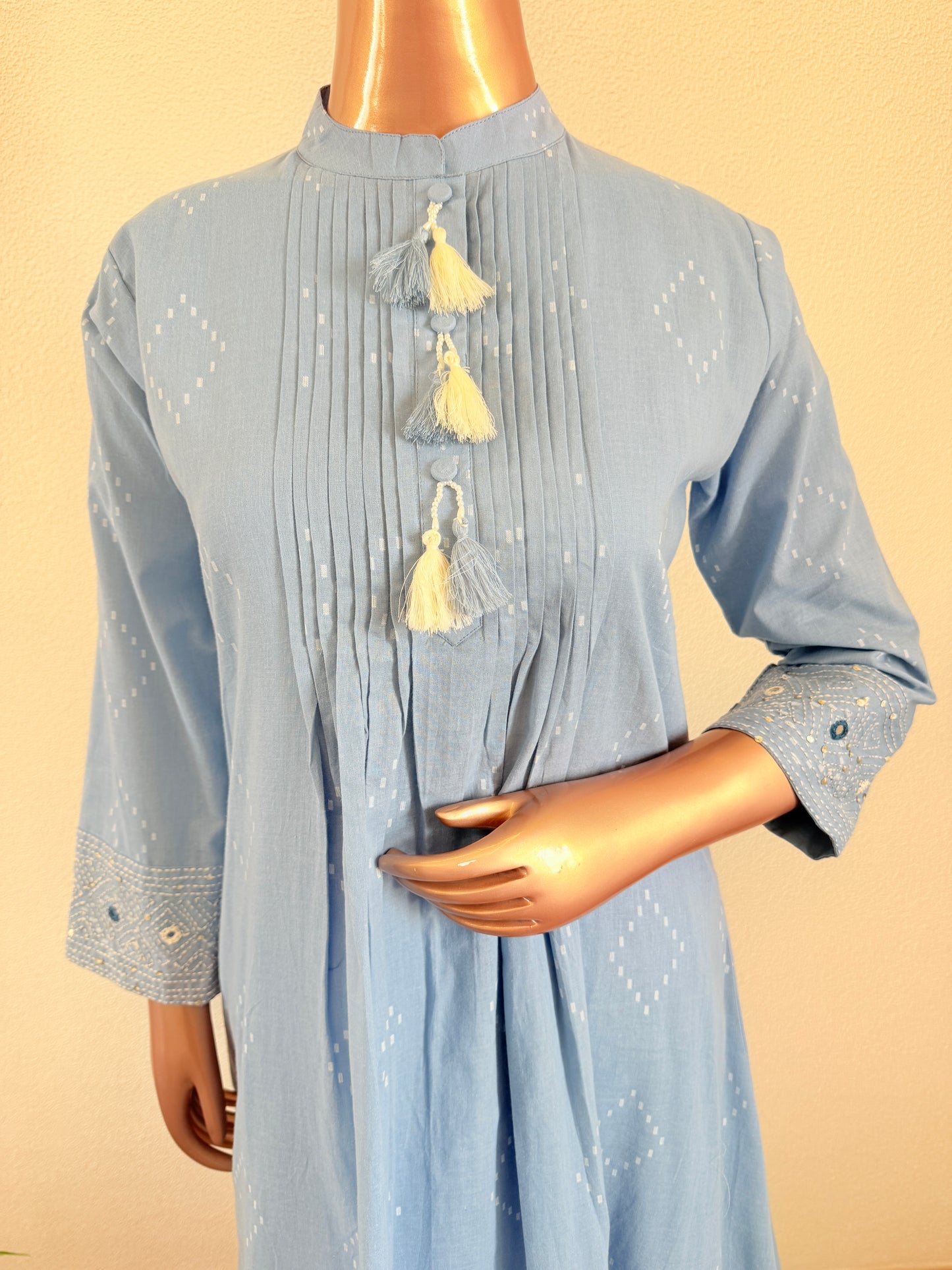 Jamdani A-Line Suit set with Katha & Mirror Work