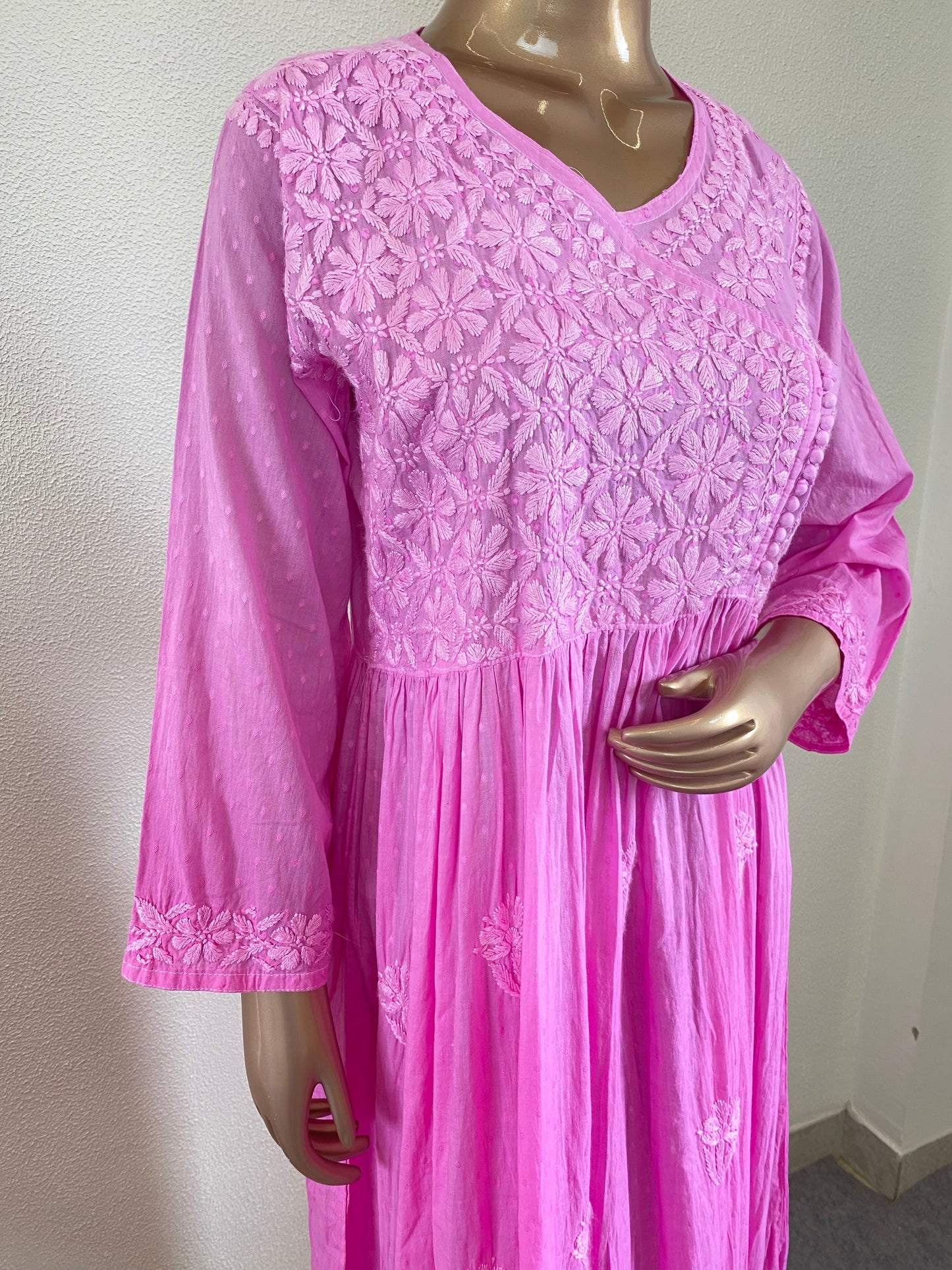 Dobby Cotton Chikankari Tunic - Pink