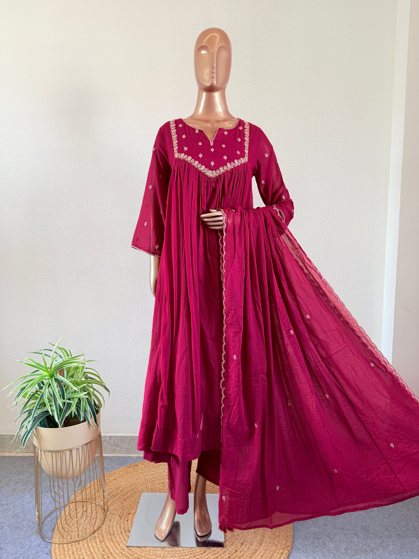 Mul Cotton Frock Suit with Zari Work - Pink