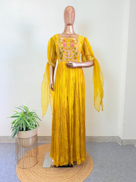 Chinon Gown with Bandhani Print Suit Set & Heavy work on Yoke & Organza Sleeves