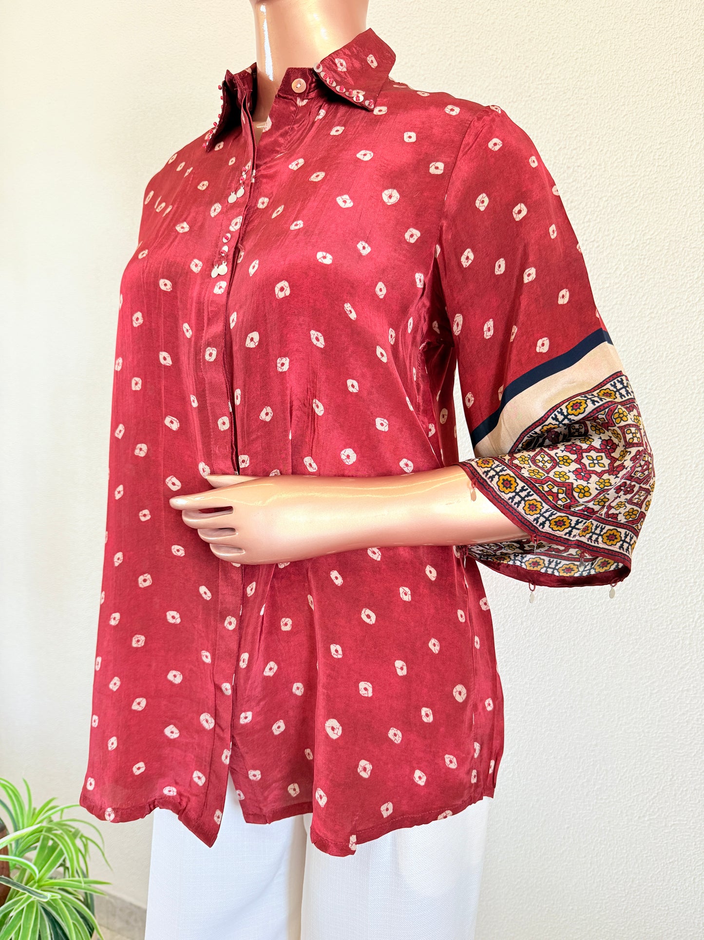 Muslin Bandhani Shirt  - Red