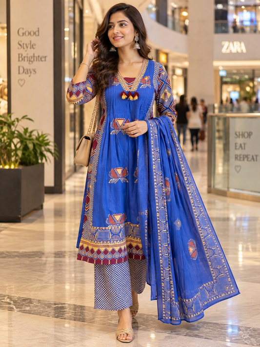 Embroidered V-Neck Pintuck Kalidar Suit Set with Wide Printed Pants & Dupatta