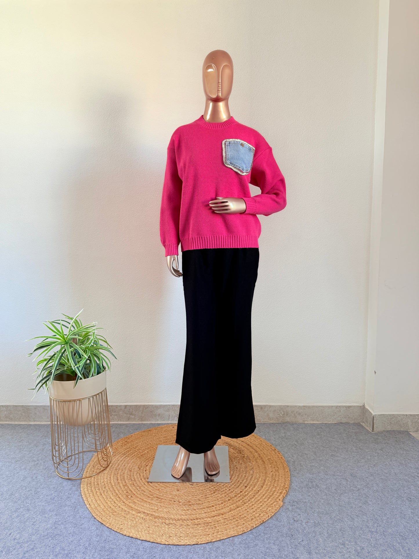 Woollen Sweater with Denim Pocket - Hot Pink