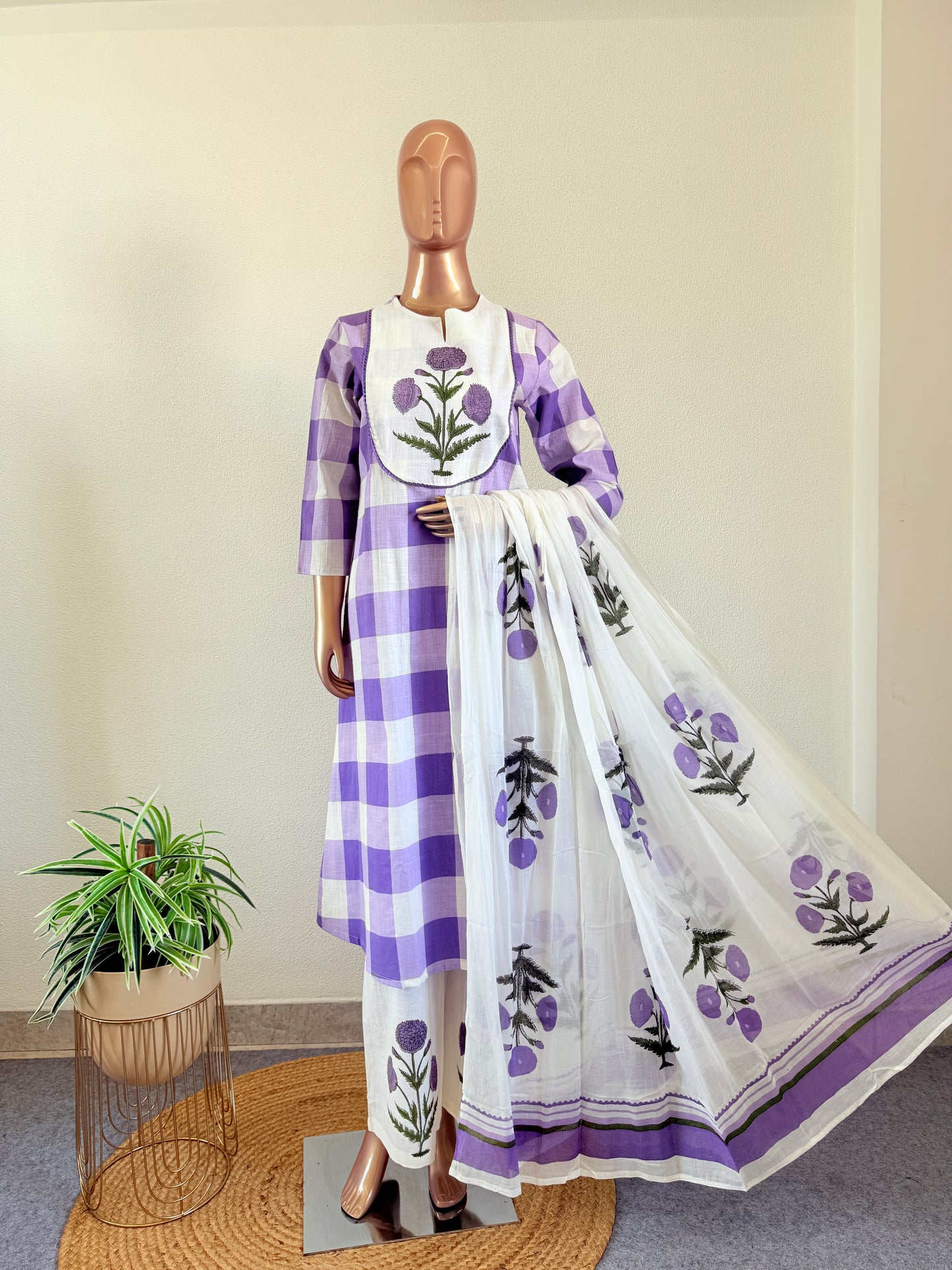 Check Print Cotton Suit Set -Lavender
