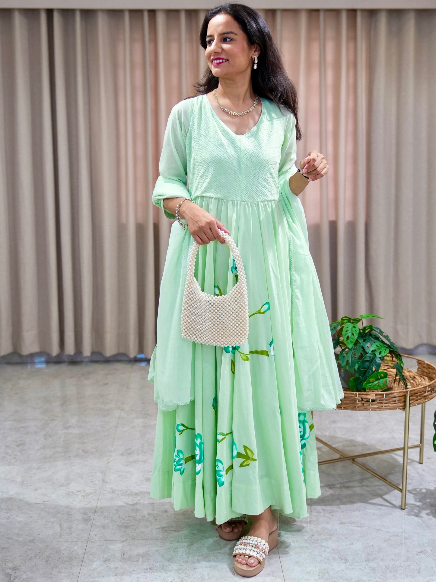 Hand Painted Pure Cotton Flared Frock Suit