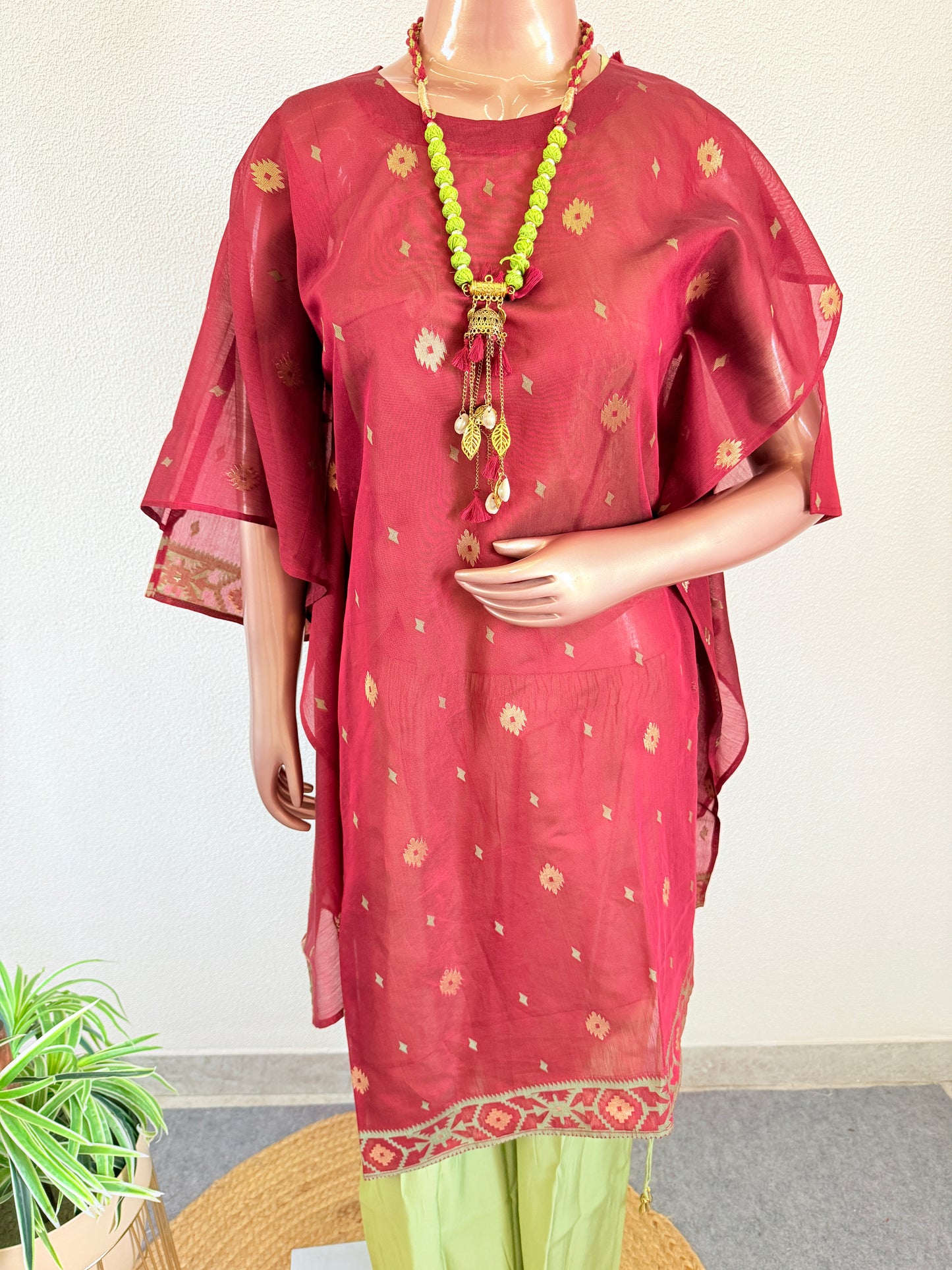 Chanderi Kaftan Indo Western with Neck Piece - Red