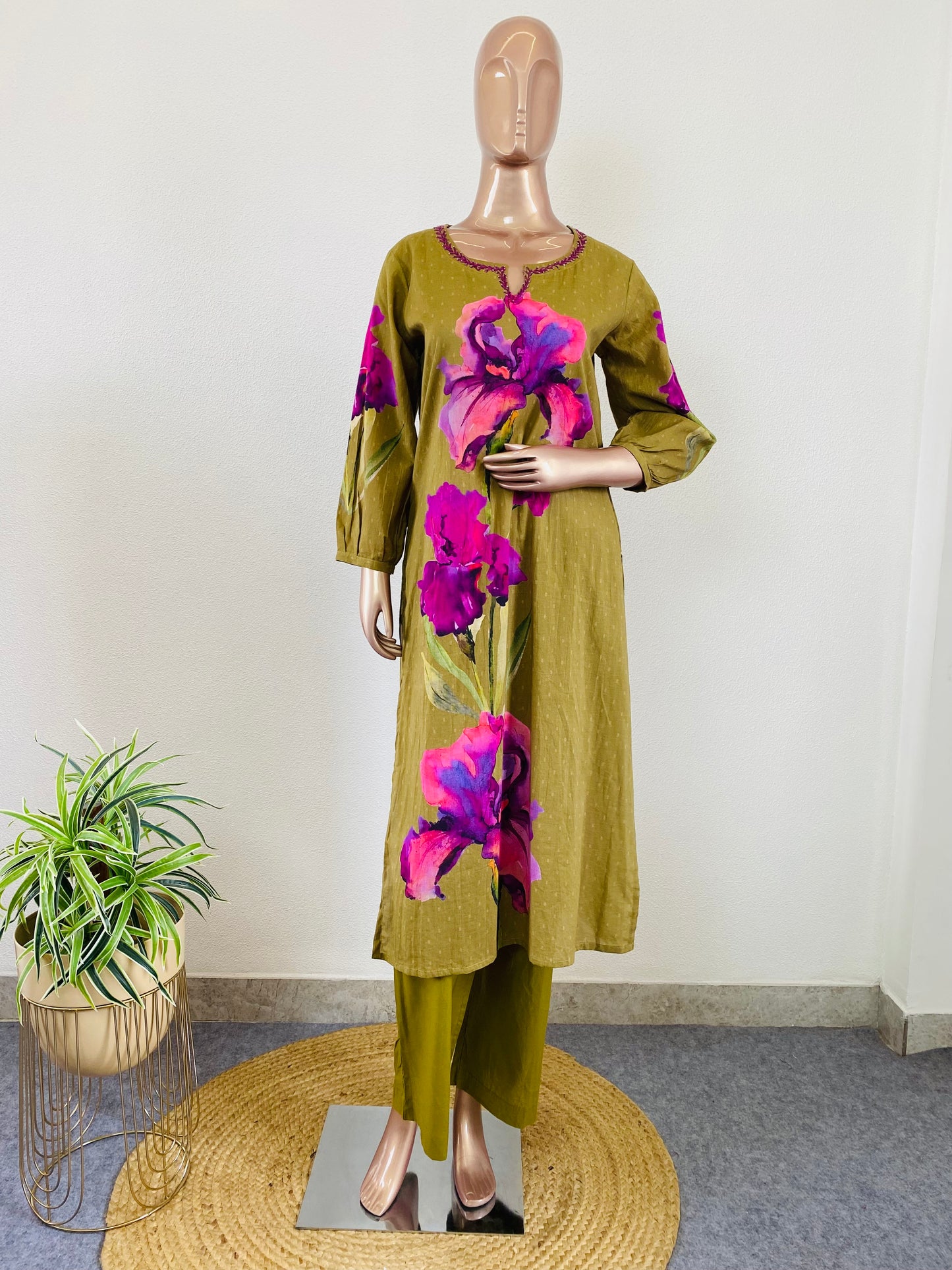 Abstract Floral Placement Print Lawn Cotton Suit Set - Green