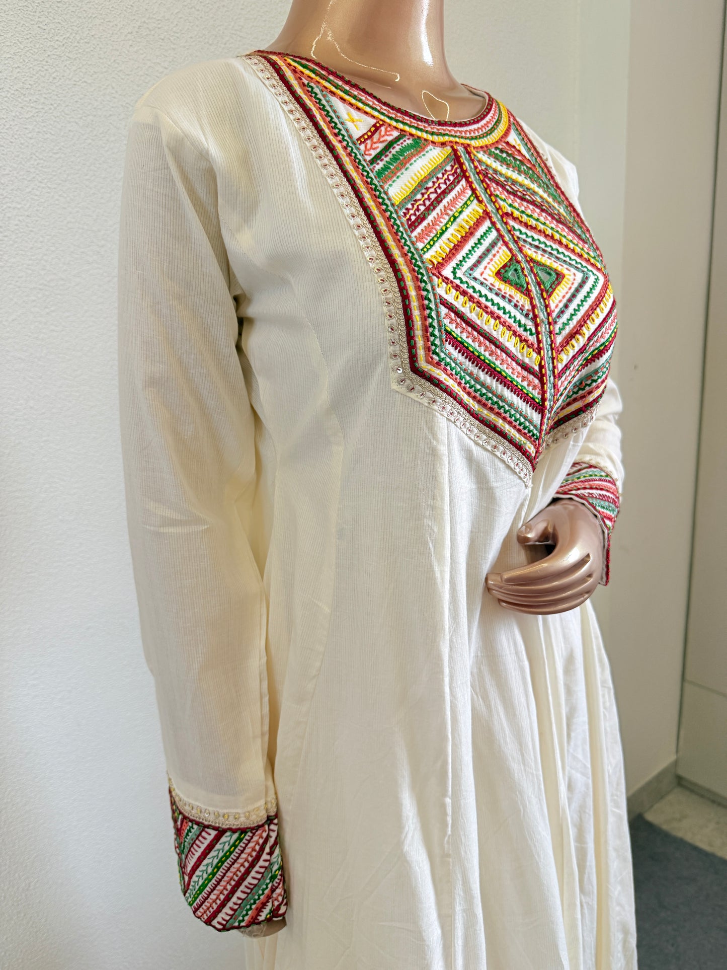 Tribal Embroidered Yoke Anarkali Suit Set with Red Bandhani Dupatta
