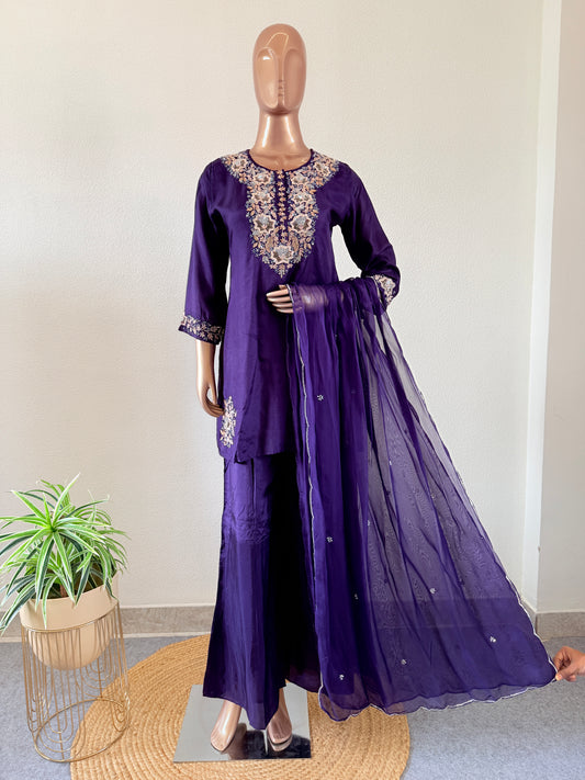 Dola Silk Short Kurta Suit Set- Purple