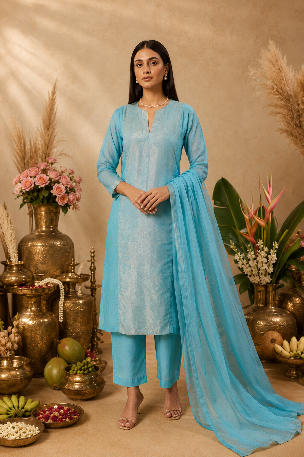 Mul CHanderi Suit Set with Metallic Panel & Matching Dupatta