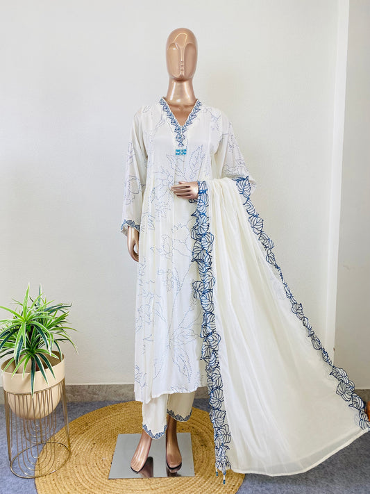 Printed Muslin Frock Suit with Cutwork Dupatta
