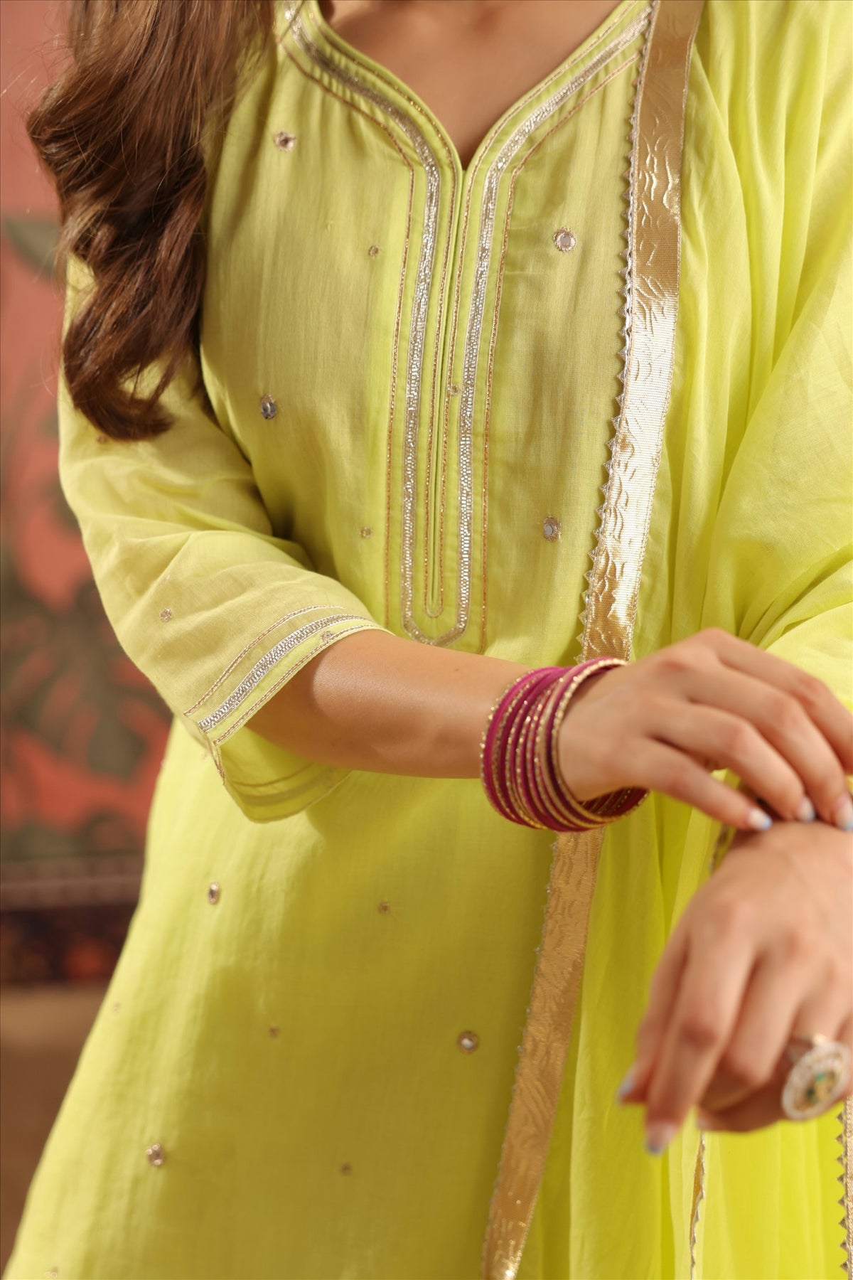 Gota Patti Detailed V-Neck Short Kurti & Tiered Sharara Set with Sheer Dupatta
