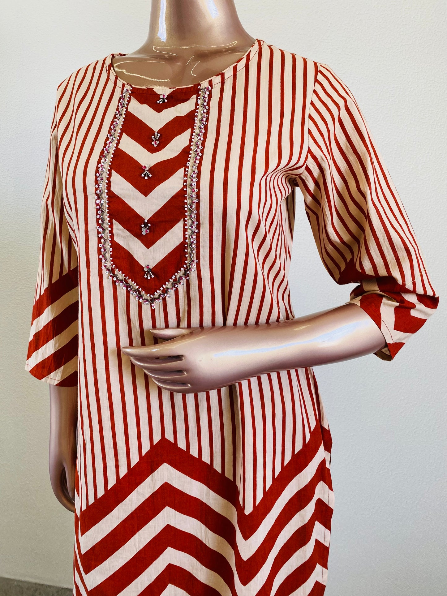 Zig Zag & Floral Cotton Suit Set - Rust