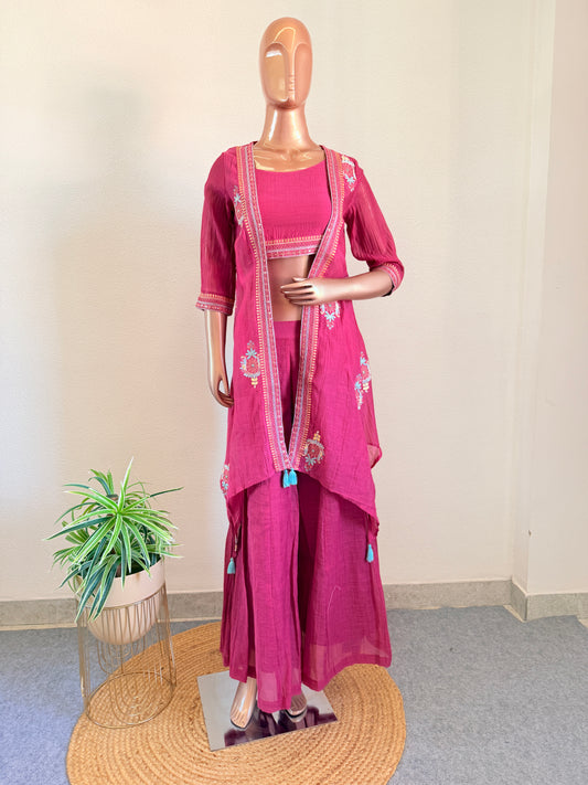 Mul chanderi Crop Top Palazzo Jacket Set