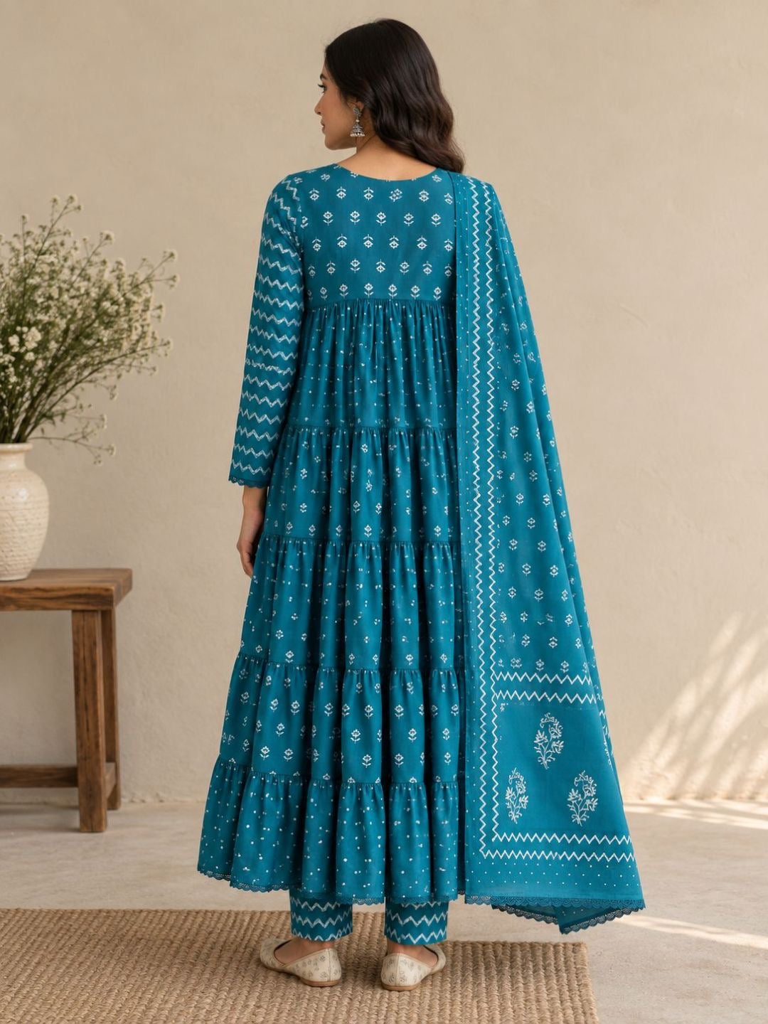 Tiered Floral & Booti Print Silk Anarkali Set with Lace Dupatta - Teal