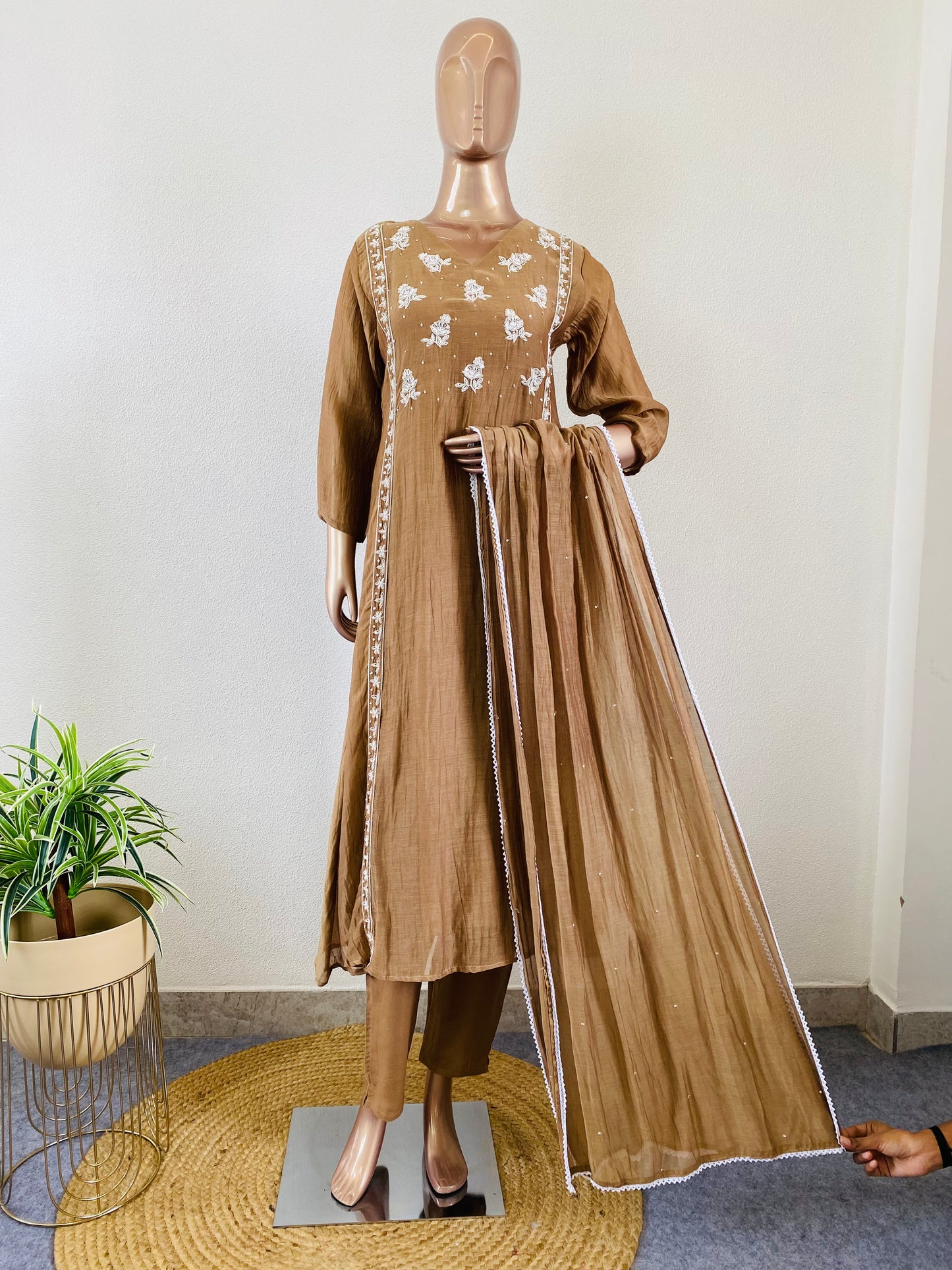 Hand Embroidered Mul Chanderi Frock Suit Set
