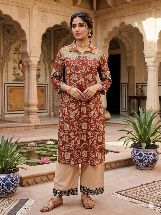 Ajrakh Print Mul Chanderi Kurta Pant Set