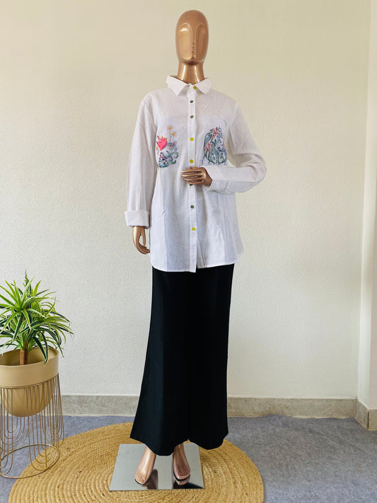 Pure Linen Shirt with Embroidered Organza Pocket