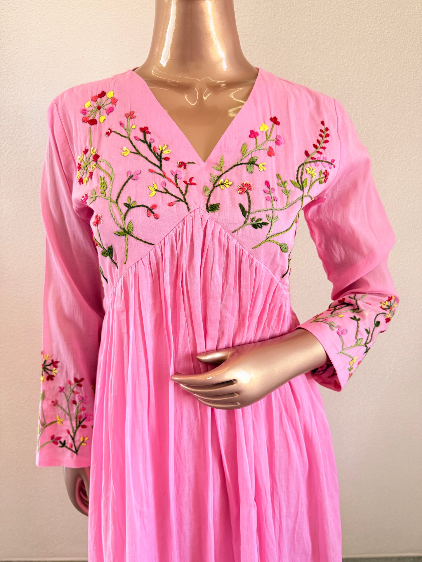 Malai Cotton Frock Suit Set with Hand Embroidery - Pink