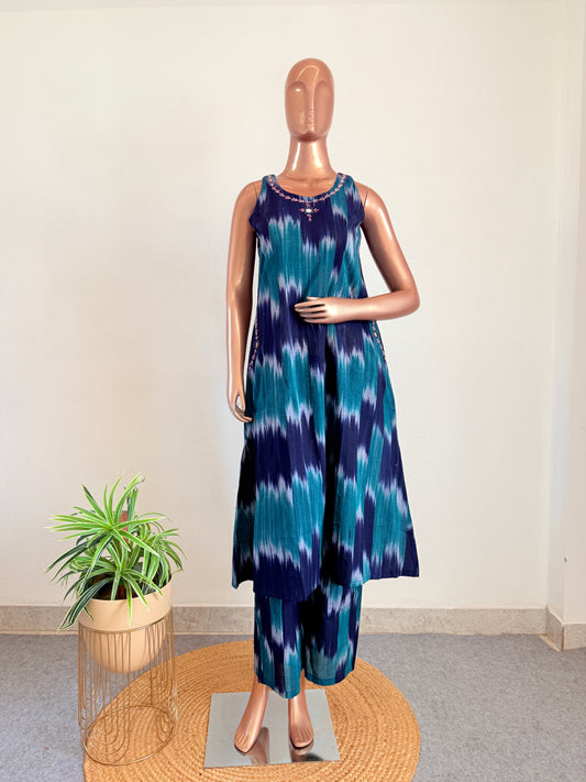 Embroidered Ikat Sleeveless Kurti with Palazzo