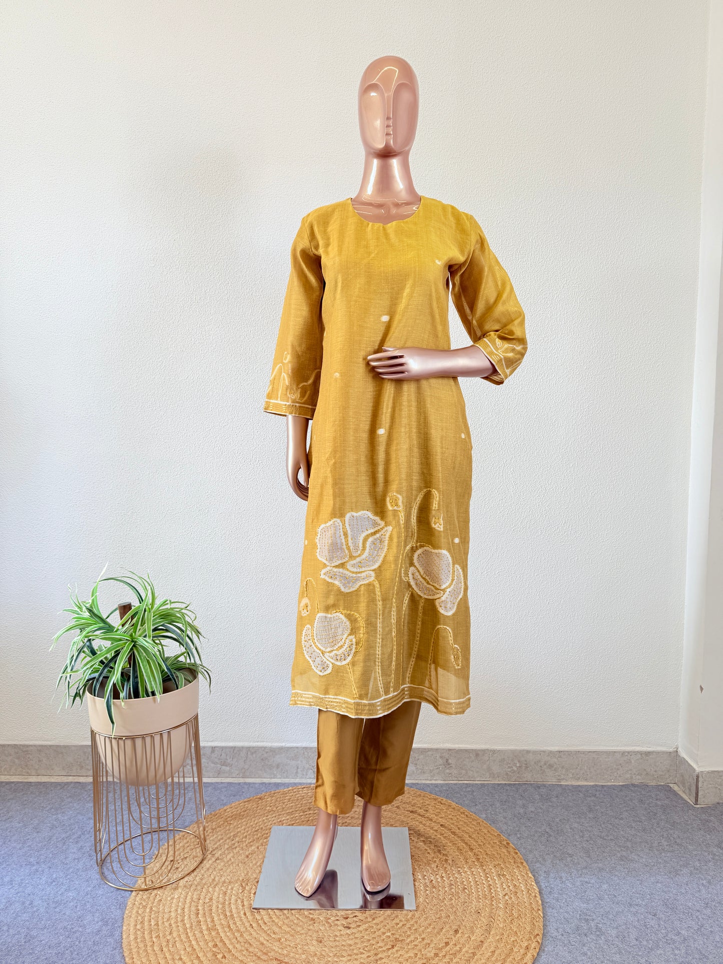 Chanderi Self Woven Suit Set with Kantha Work