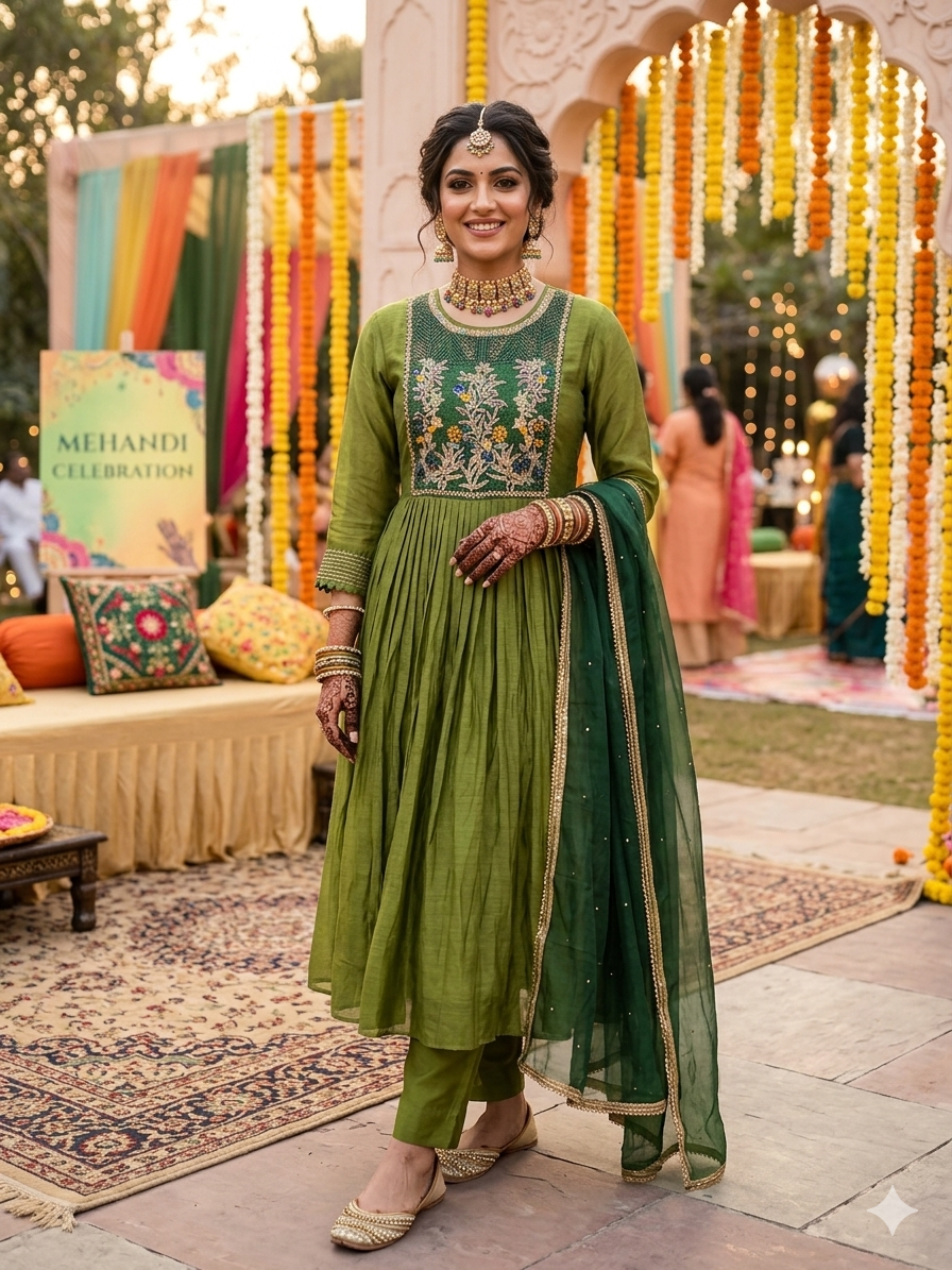 Pure Mul Chanderi Suit with Embroidered Yoke & Shaded Dupatta