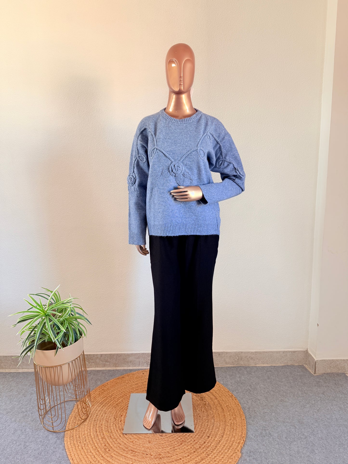 Woollen Top with Rose Detail - Blue